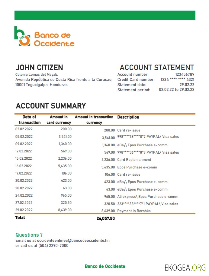 Déclaration de la Banco de Occidente du Honduras